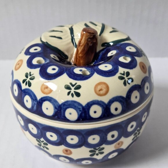 Boleslawiec Polish Pottery Peacock Blue Apple Baker Covered Dish Decor ONLY READ - Picture 5 of 11